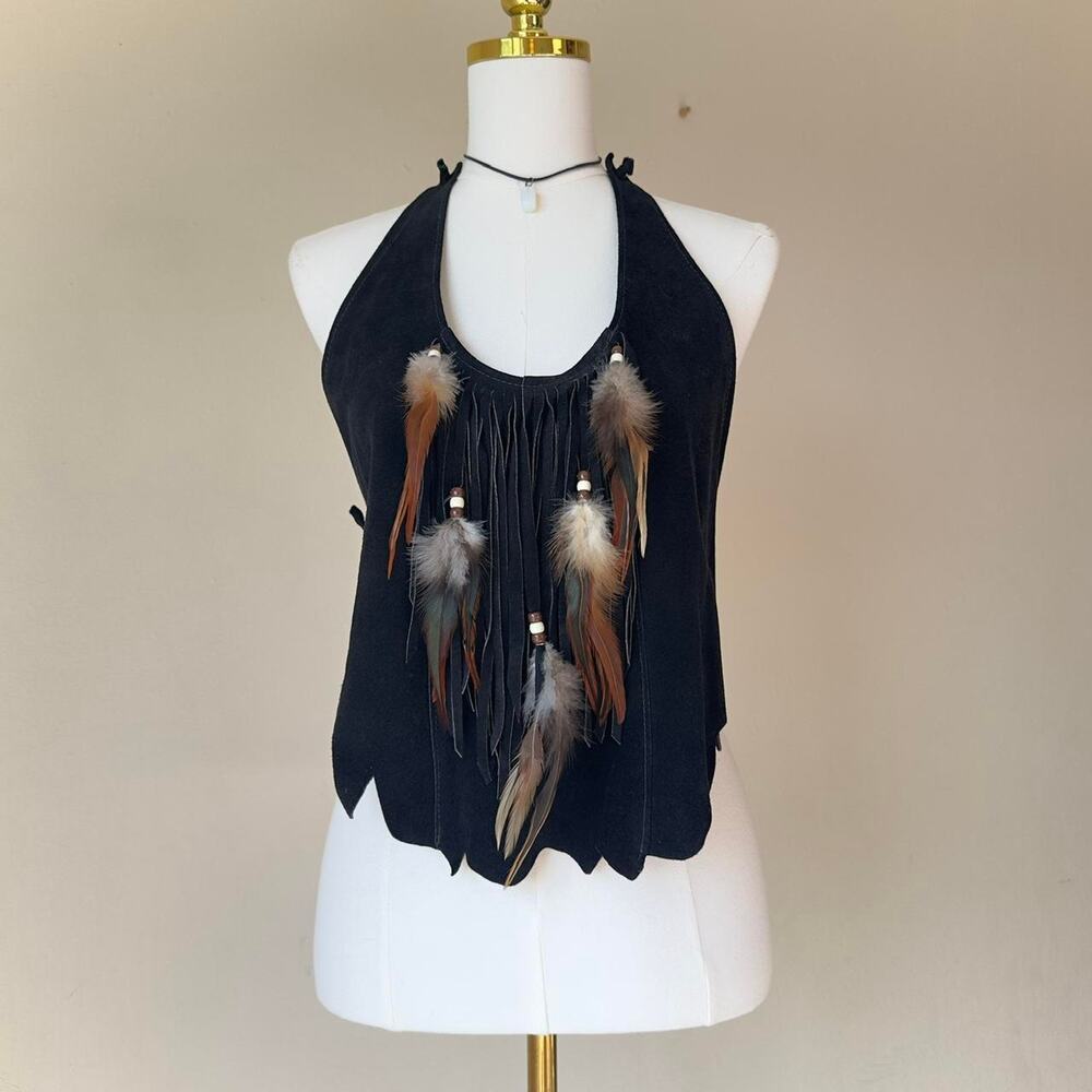 Vintage Black Genuine Suede Feather Fringe Western Cowgirl Halter Top - OS